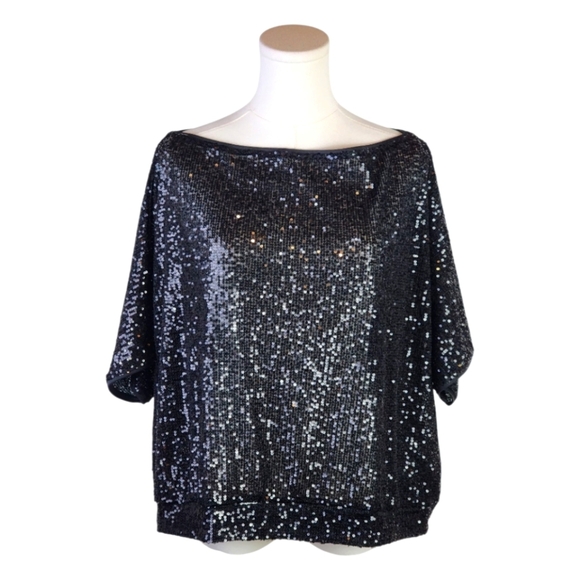 Venus Black Sequin Batwing Top XL Sparkly Semi-Sheer Party Blouse Glam - Picture 1 of 8